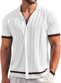 Men's Short Sleeve Knit Shirt Casual Button Down Shirt Vintage Striped Knitted Golf Beach Tops